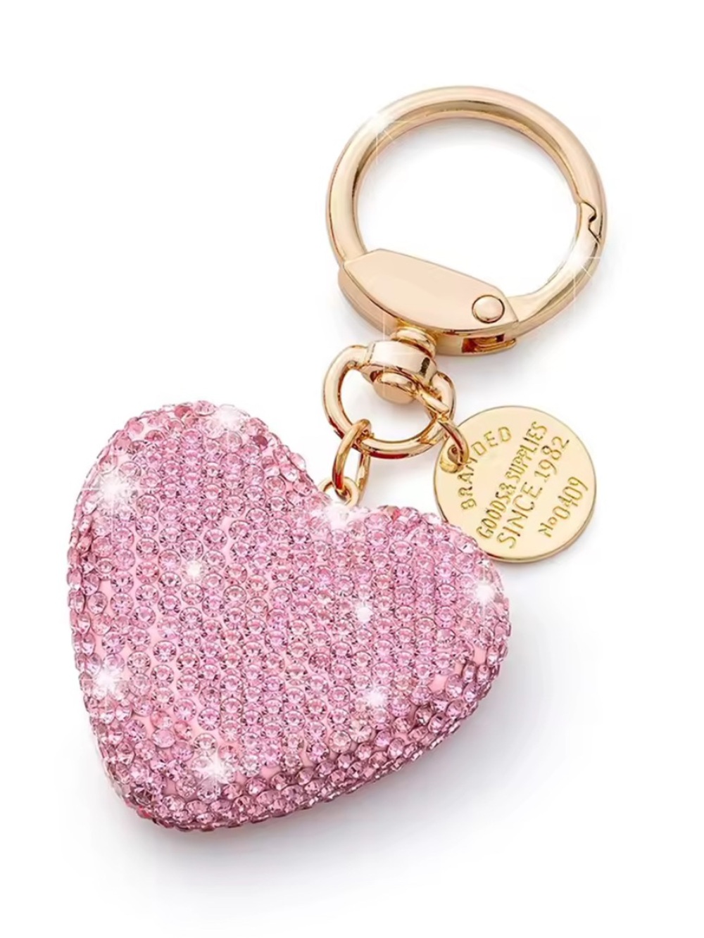 Pink Crystal Heart Keychain / Bag Charm with Gold Ring